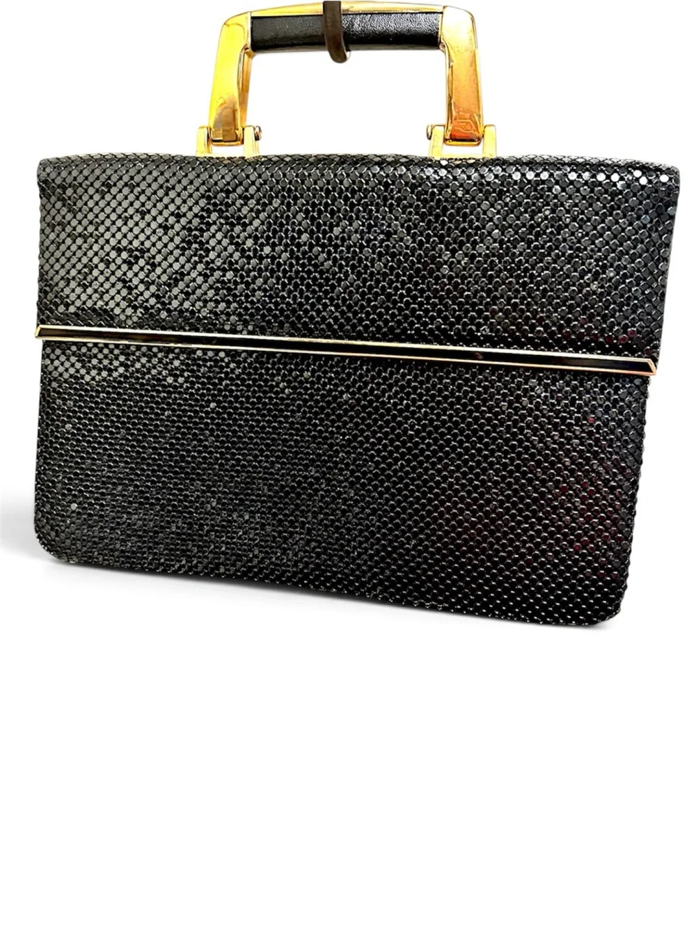 Y&S Original 80s Black & Gold Glam Mesh Structured Briefcase Top Handle Flap Bag